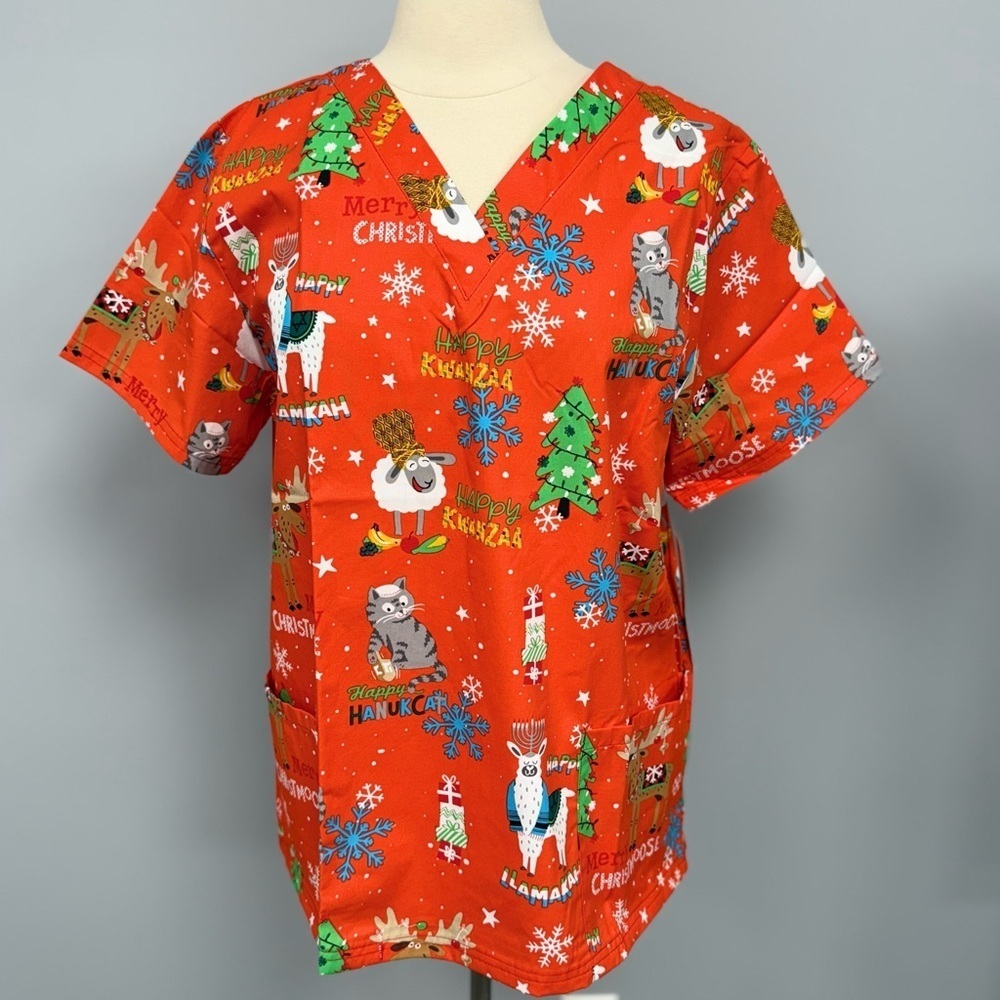 NWT Buttersoft All Holiday Scrub Top 3X Orange Cotton Scrubs Christmas Kwanza